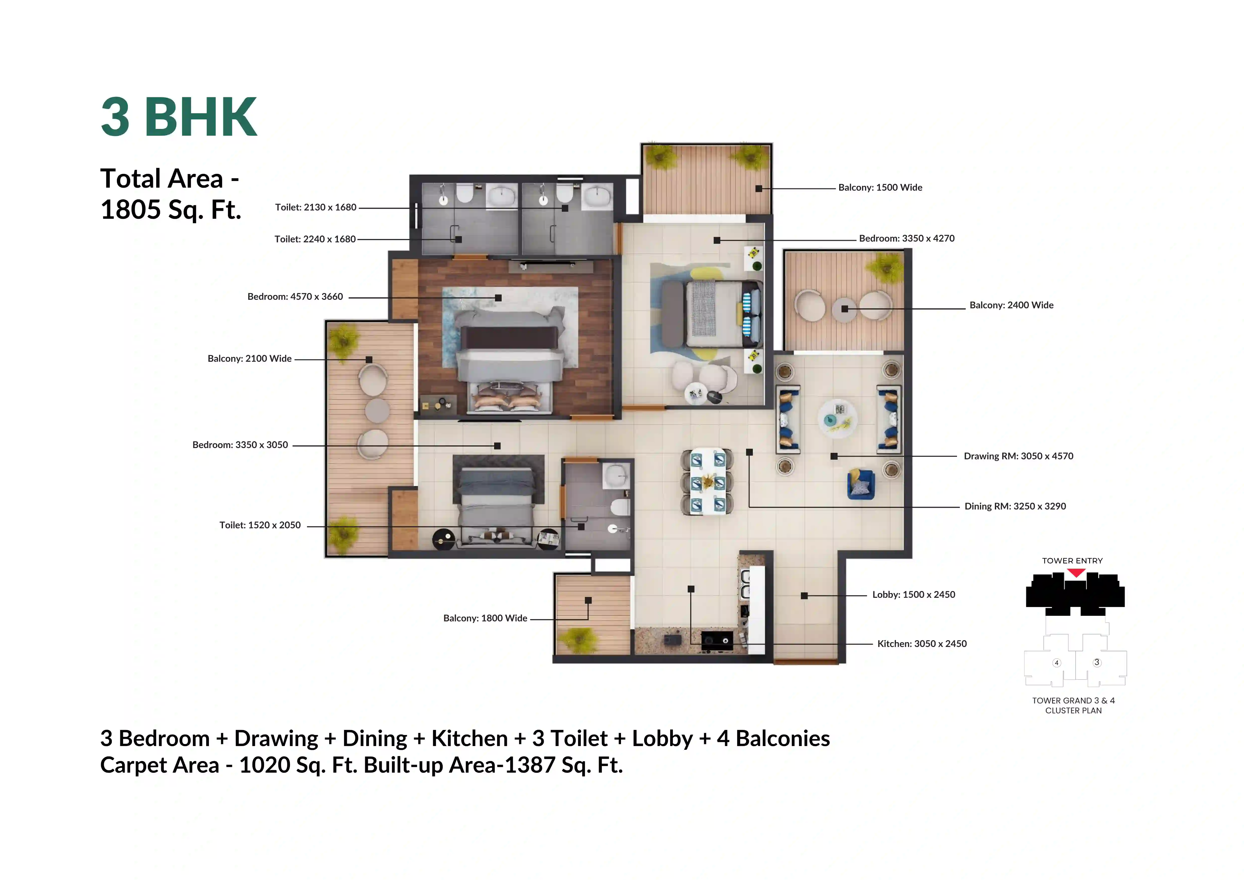 Nirala Grand 3 BHK floor plan 1805 sq.ft.