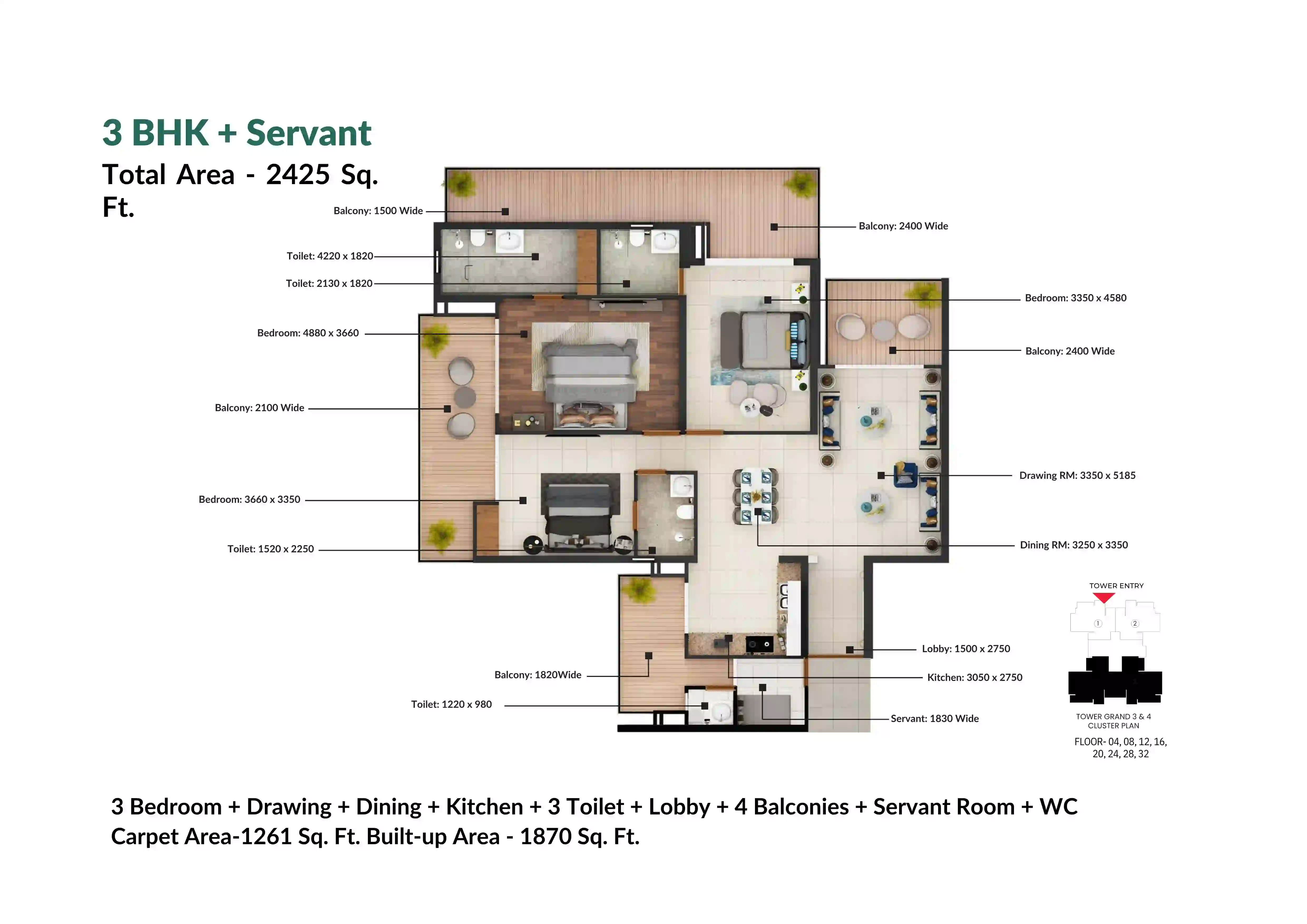 Nirala Grand 3 BHK + Servant floor plan 2425 sq.ft.